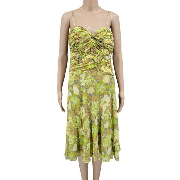 Chetta B Silk Midi Dress Y2K Floral Wasabi Green Ruched Pleat Bodice Fairycore - Picture 1 of 14